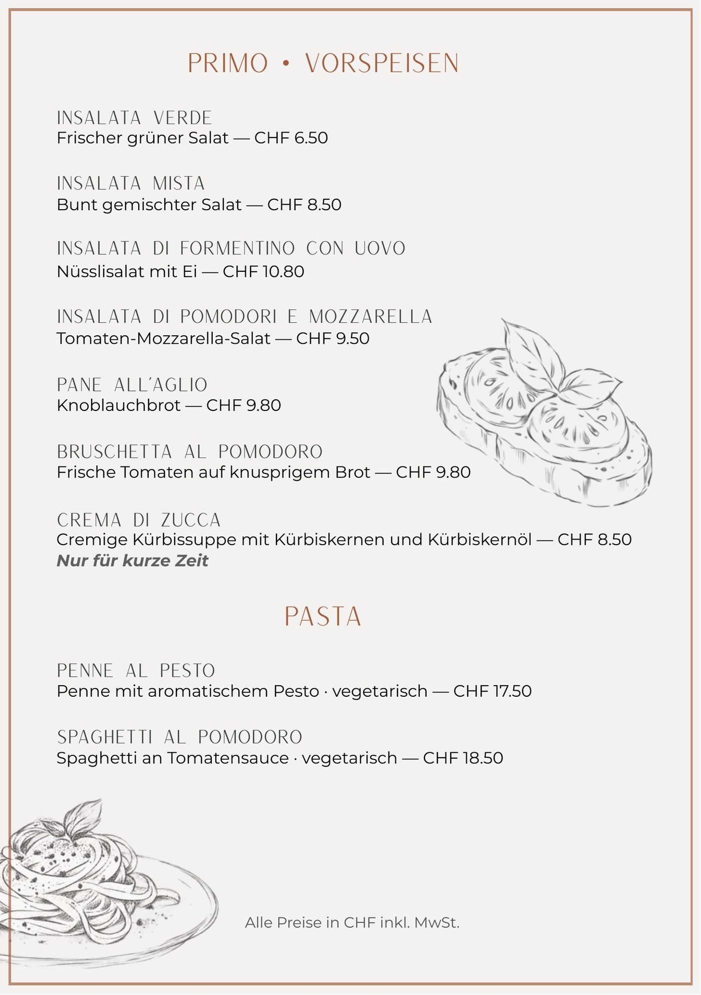 Abendkarte Seite 1: Antipasti und Pasta